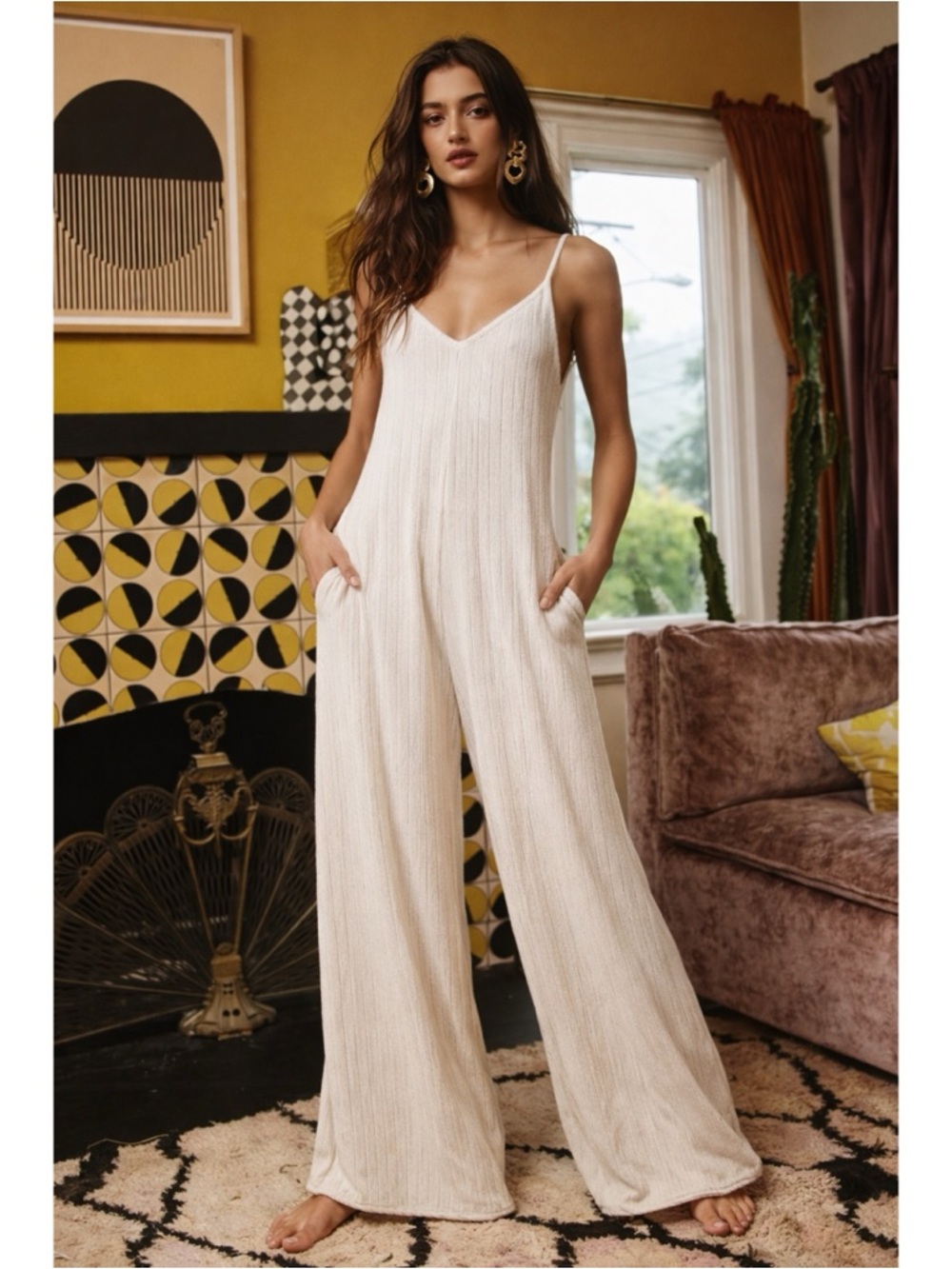NWT BUCKETLIST Ribbed Wide-Leg V-Neck Ribbed Jumpsuit